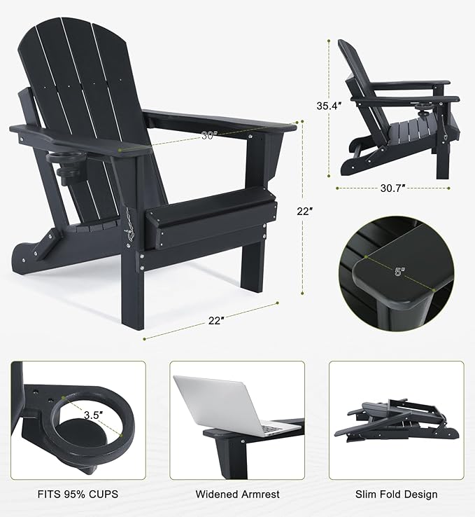 Folding Adirondack Chairs Set of 6- Plastic Adirondack Chairs with Cup Holder, Weather Resistant for Outdoor, Patio, Lawn, Garden, Backyard Deck, Fire Pit - Black