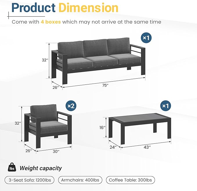 Wisteria Lane Aluminum Outdoor Patio Furniture Set, Oversized Patio Conversation Sets with Deep Seating and Wide Armrest, Outdoor Sectional Metal Sofa with 5 Inch Cushion and Coffee Table, Dark Grey