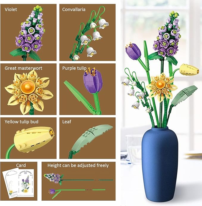 MEIEST Mini Building Blocks Flower Bouquet Set,Creative DIY Unique Decoration Home,Flowers Botanical Collection Construction Building Bricks Toy for Kids Adult (Violet)