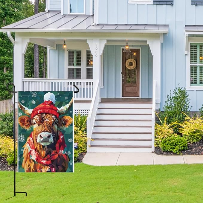 Highland Cow with Red Scarf and Hat Snowflake Christmas Garden Flag, 28x40 Inch Double Sided Linen Holiday Red Winter Farmhouse Yard Outdoor Decoration (4323)