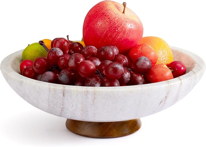SAMAH Gray Marble Fruit Bowl with Acacia Wood Pedestal, Large Decorative Footed Bowl, Natural Stone Centerpiece for Kitchen Counter, Entryway, Keys, Dining Table, House Warming Gifts New Home(11Inch)
