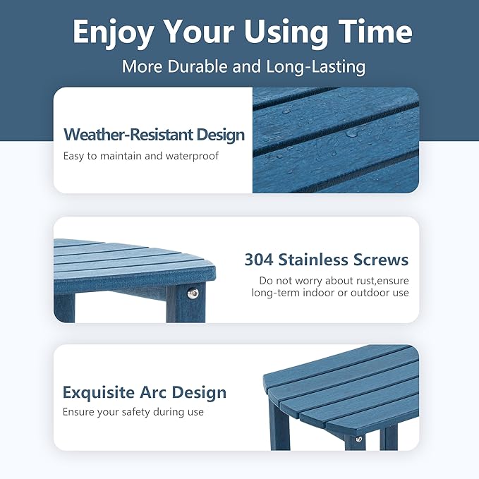 4 Chairs & 2 Tables Folding Adirondack Chair Set with Side Table – HDPE Weatherproof Outdoor Patio Chairs with Reclining Back and Cup Holders, 2-Tier Storage End Tables for Firepit Garden(Blue)