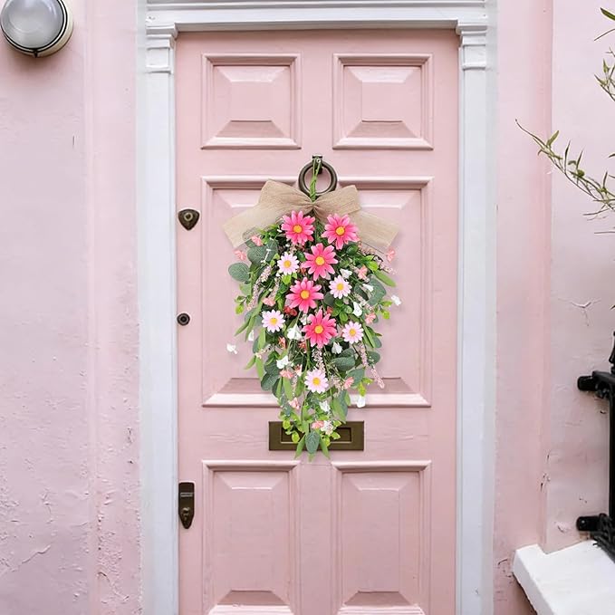2 PCS Spring Pink Flower Teardrop Swags Silk Artificial Floral Swag Wreath for Front Door Wildflower Daisy Hanging Swags with Lavender Green Leaves for Wedding Farmhouse Home Outdoor Window Wall Decor