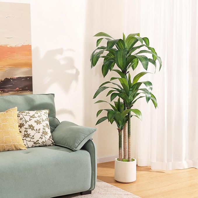 OAKRED Artificial Dracaena Tree 5ft, Tall Fake Dracaena Plants with White Planter, Faux Dragon Tree Indoor Floor Plant for Home Decor Office Living Room Porch Housewarming, 1Pcs