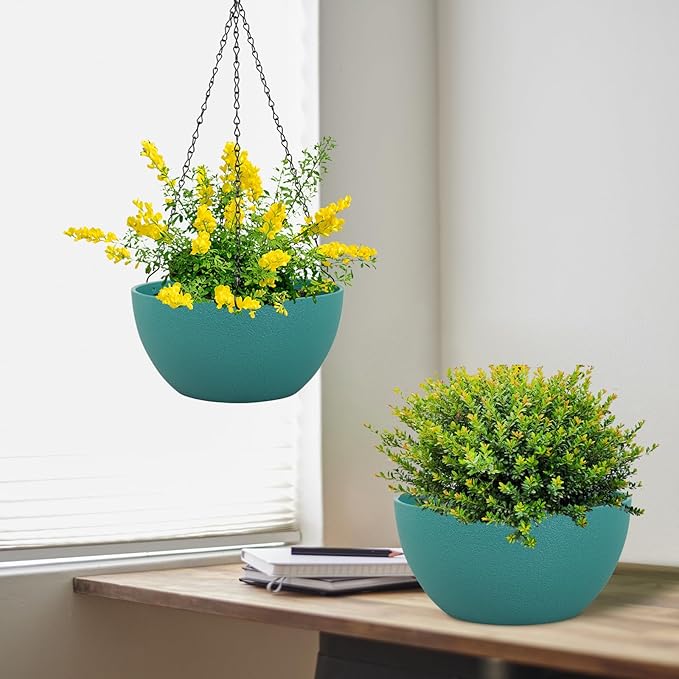 Meowell 10 inch Hanging Planters for Indoor Outdoor Plants, 2 Pack Hanging Flower Pots with Drainage Holes and Chain for Garden Porch, Plastic Hanging Baskets for House Plants, Blue Green