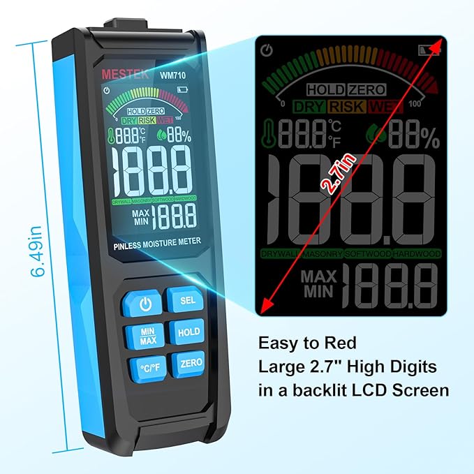 MESTEK Pinless Wood Moisture Meters for Drywall, Water Leak Detector, Wall Moisture Tester for Lumber Concrete Building, Wall Moisture Sensor Digital Humidity Tester for Firewood