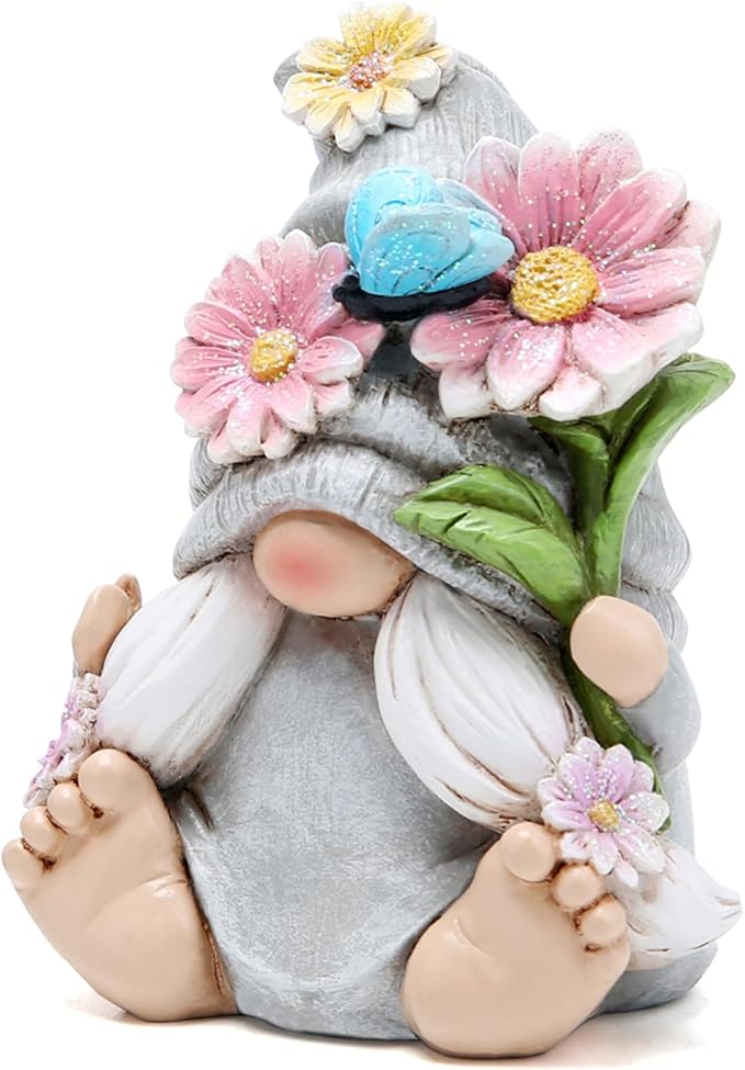 Hodao Flower Gnomes Ornaments Decor Gifts Summer Gnomes Figurines for Garden Decorations Spring Sculptures Gifts for Outdoor Decor for Mom, Grandma (Grey-Woman)