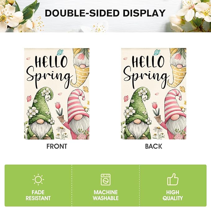 AVOIN colorlife Hello Spring House Flag 28x40 Inch Double Sided Outside, Seasonal Floral Gnomes Rustic Yard Outdoor Flag