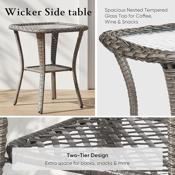 Belord Luxury 6" Thick Cushioned Outdoor Swivel Rocker Patio Chairs with Side Table, High Back Wicker Furniture Set with Ergonomic Zone Back, Conversation Glider Set for Deck Porch - Grey+Grey