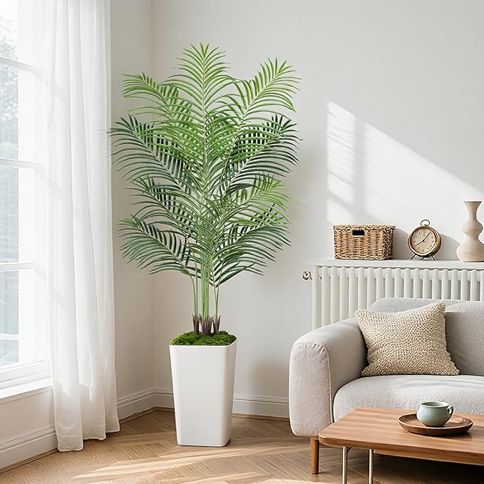 6ft Artificial Palm Tree with White Planter-Tall Artificial Indoor Plants, Fake Tropical Palm Tree, Faux Silk Plants for Home Office Living Room Bedroom Modern Decor