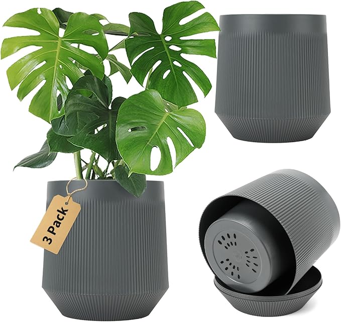 Yaghpy Plant Pots，Set of 3 Plastic Pots for Indoor Plants,Flower Pots Outdoor Planters with Drainage Hole and Seamless Saucer,Gray