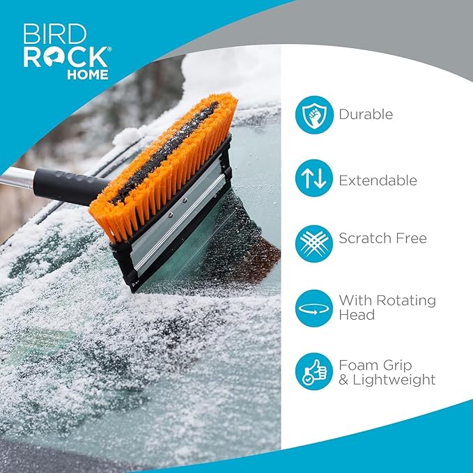 39" Extendable Snow Brush & Ice Scraper with Glove | 11" Wide Squeegee & Bristle Head | Lightweight Aluminum Body with Ergonomic Grip | No Scratch Winter Cleaning Tool for Cars & SUVs