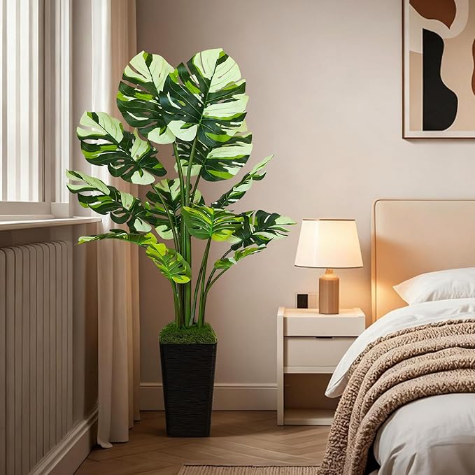 5FT Artificial Monstera Plant with Tall Black Planter and Thread Moss, Realistic Faux Floor Tree with Large White Leaves for Indoor Outdoor Office Porch Living Room Corner Home Decor