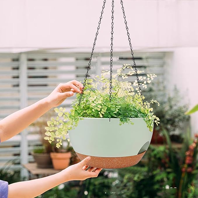 CNLBO 2 Pack Hanging Planters for Indoor Outdoor Plants, 12 Inch Self Watering Hanging Pot with Drainage Holes and Saucer, Plastic Plant Pots, Green Brown Flower Pots for Kitchen, Balcony, Garden