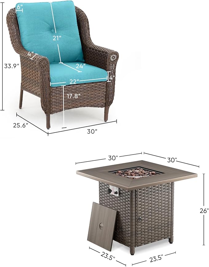 Outdoor Patio Chairs with Fire Pit Table 5 Piece Set - High Back Brown Wicker Rattan Lawn Chair with Thick Cushion for Porch Apartment Deck Yard Poolside Garden - Turquoise