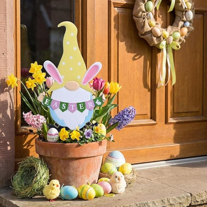 TERESA'S COLLECTIONS Easter Decorations Outdoor for Home, Metal Garden Gnomes Decor Yard Stakes, Pink & Blue Egg Rabbit Garden Stakes Gifts, Welcome Yard Signs for Outside Lawn Porch Patio, 27"
