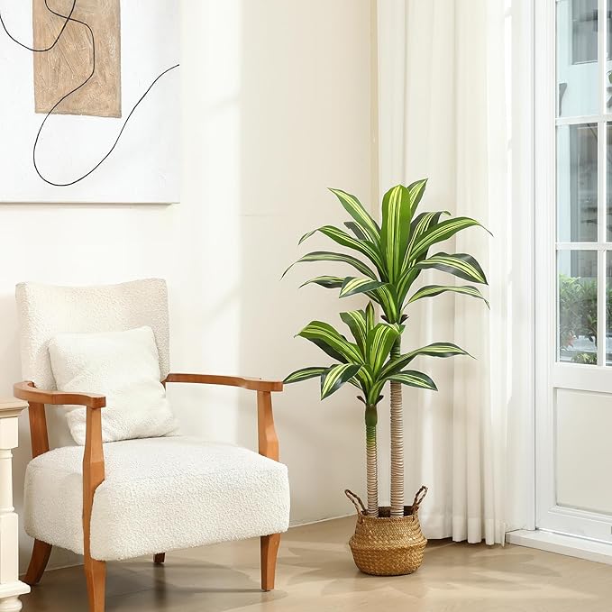 Ferrgoal Artificial Plants, 4 Ft Dracaena Tree Faux Plants Indoor Outdoor Decor Fake Tree with Woven Seagrass Basket Plants for Home Decor Office Living Room Porch Patio Perfect Housewarming Gift
