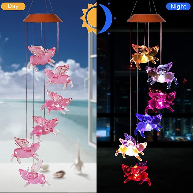 xxschy LED Solar Fly Pigs Wind Chimes Outdoor - Waterproof Solar Powered LED Changing Light Color 6 Flying Pigs Mobile Romantic Wind-Bell for Home, Party, Festival Decor, Night Garden Decoration