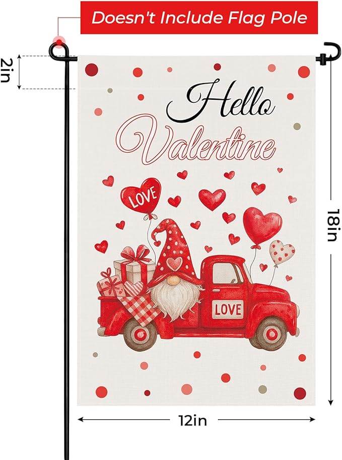 pretty_jessie Valentines Day Garden Flag 12x18 Inch Double Sided, Hello Valentine Gnome Red Love Hearts Burlap Yard Flag Anniversary Patio, Porch, Backyard Outdoor Decorations