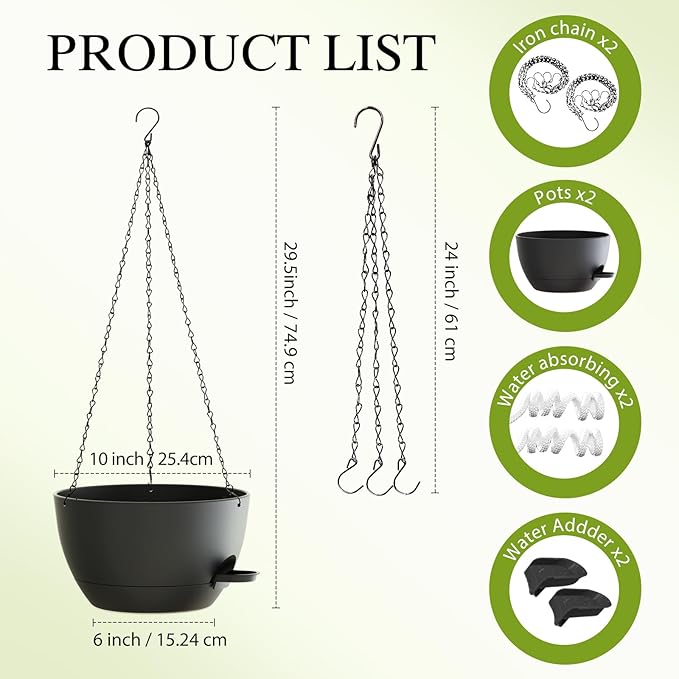 SQKH 10 Inch Hanging Baskets 2 PC with Chains, Self-Watering Hanging Planters for Indoor Outdoor Plants, Plastic Hanging Flower Pots,Black