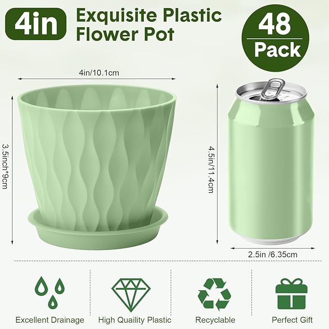 Acellegic 48 Pack 4 Inch Small Pots for Succulents, Waffle Texture Pots with Tray, Plastic Planter with Drainage Holes and Saucers, for Indoor Outdoor Plants Flowers, Seedlings (Multiple Colors)