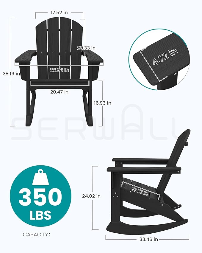 SERWALL Outdoor Adirondack Rocking Chairs Set of 6, All-Weather HDPE Adirondack Rocker Chair, Front Porch Rocker Chairs for Patio Lawn Porch Deck, Black