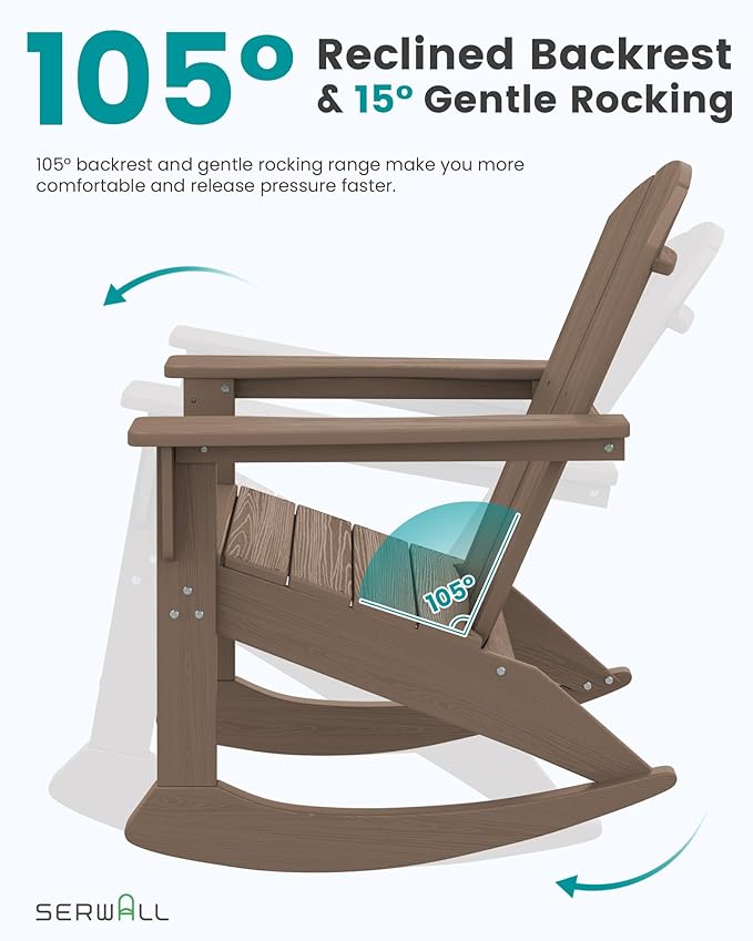 SERWALL Outdoor Adirondack Rocking Chair, All-Weather HDPE Adirondack Rocker Chair, Front Porch Rocker Chairs for Patio Lawn Porch Deck, Coffee
