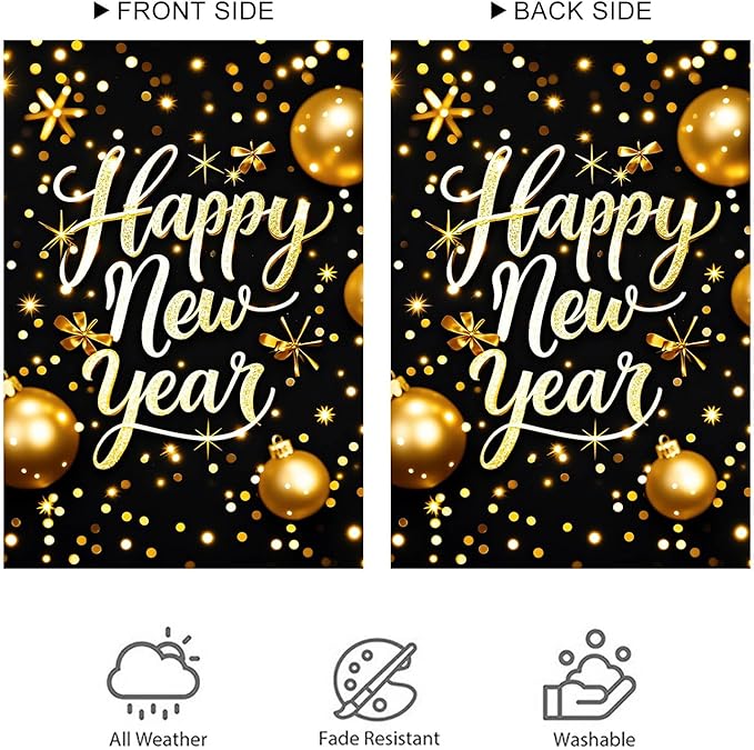 Happy New Year Garden Flag 12x18 Inch Gold Glitter Winter Holiday Yard Decor Seasonal Welcome Banner Outdoor Christmas Lawn Sign Double Sided Polyester For Girls or boys gifts
