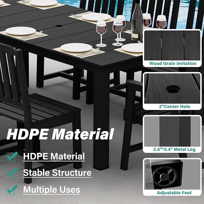 9-Piece Patio Dining Set, Outdoor Dining Set for 8, HDPE All-Weather Outdoor Furniture with 75.20” Umbrella Hole Table, 2 Armchairs & 6 Armless Chairs, Black
