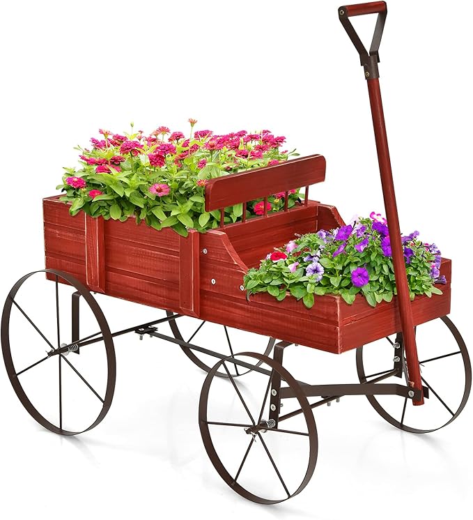 Giantex Decorative Garden Planter, Small Wagon Cart with Metal Wheels, Wood Raised Beds Plant Pot Stand for Backyard Garden Patio 24.5"x13.5"x24" (Red)