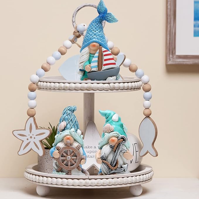 Hodao Ocean Gnome Figurines Set of 3, Nautical Resin Decor with Sailboat Anchor Helm Design, Cute Coastal Gnome Statues for Valentine’s Day Easter, All Season Home Decor