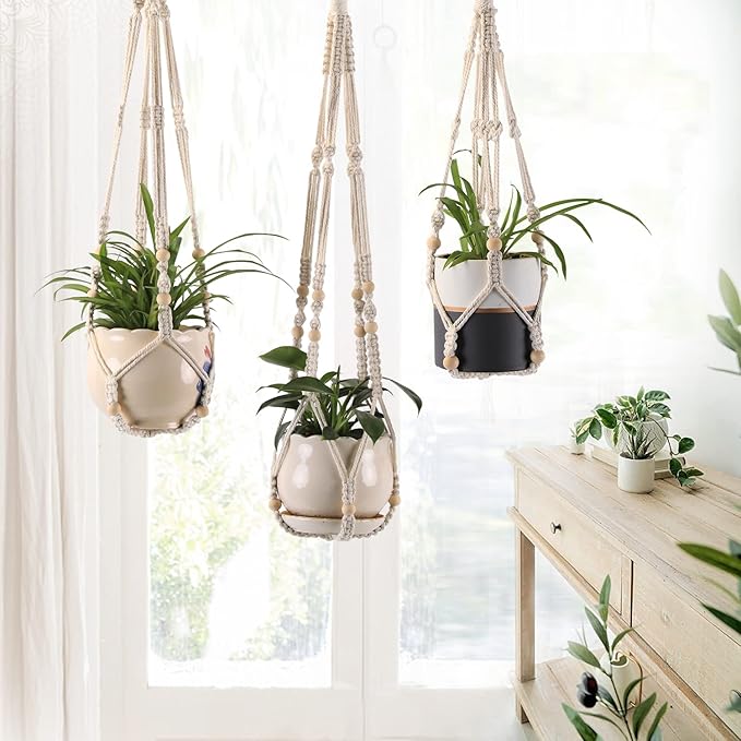 MKO SHUN 3-Pack Macrame Plant Hanger Indoor - Hanging Planter Basket for Indoor Outdoor - Decorative Boho Plant Holders Set with Beads - Ceiling Flower Pot Holder with 6 Hooks - 35"/30"/24" White