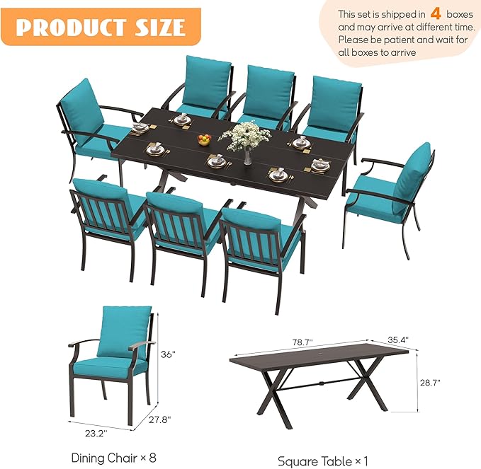 9-Piece Patio Dining Set Outdoor Conversation Set,Metal Outdoor Furniture Set with Umbrella Hole Cut-Out 78.7" x 35.4" Table and 8 Metal Backrest Chairs for Backyard,Garden,Blue