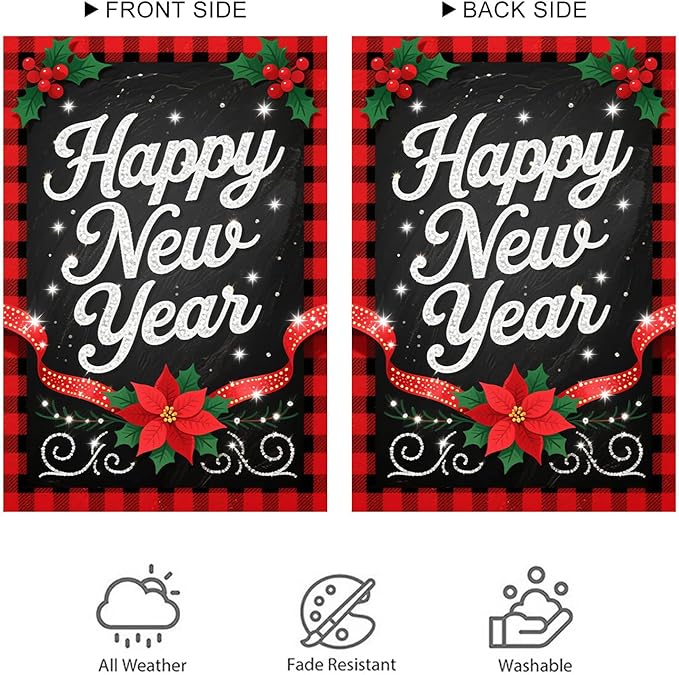 Happy New Year Garden Flag 12x18 Inch Double Sided Plaid Banner Outdoor Yard Decoration with Holly Berry and Poinsettia for Home Lawn Porch Seasonal Holiday Garden Flags