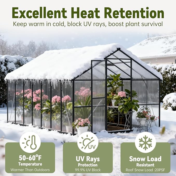 10X12 FT Greenhouse for Outdoors, Polycarbonate Walk-in Green House for Outside, Heavy Duty Garden, Patio, Backyard Flower Planting