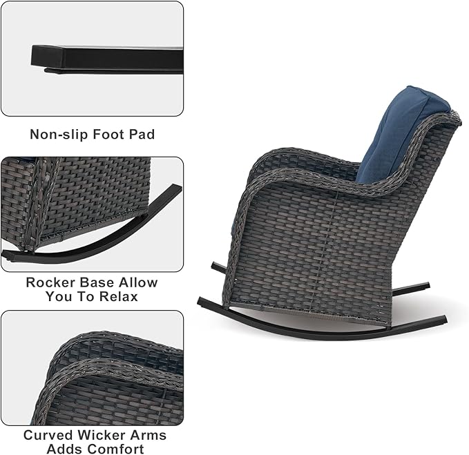 Rilyson Patio Chairs Outdoor Rocking Chair - 3 Piece Wicker Patio Bistro Set Rattan Patio Furniture Rocker Chairs and Side Table for Porch Deck Backyard Garden(Brown/Blue)