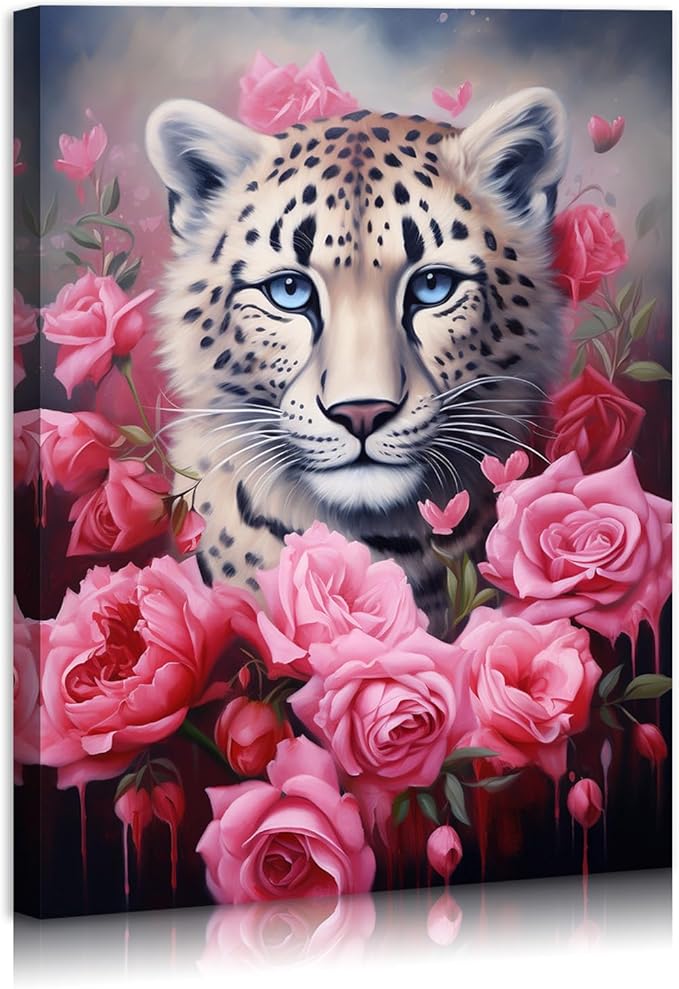 FUNHUA Rose Leopard Wall Art Wildlife Animal Poster Pink Rose Teens Little Girls Women BedroomLittle Girls Room Nursery Toddler Wall Art Framed Artwork for Modern Living Room Bedroom Bathroom 12x16inches