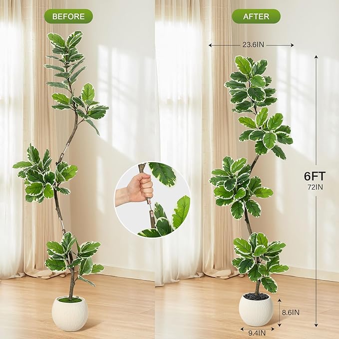 GarveeHome Fiddle Leaf Fig Tree Artificial Indoor, 6 ft Tall Faux Rubber Tree with Sphere Planter, Tall Artificial Plants with Moss for Home Decor Office Living Room