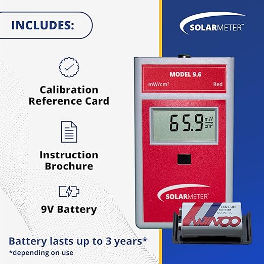 Solarmeter Model 9.6 Visible Red Light Meter, Handheld Digital Radiometer and Light Bulb Tester for Measuring Red Light for Collagen Stimulation & Wound Healing Lamps, 0-199.9 mW/cm², Made in USA