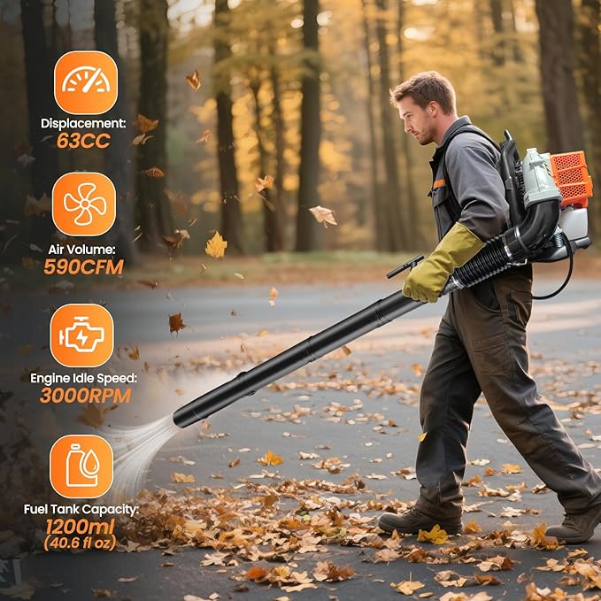 79CC Backpack Leaf Blower, 4.3HP Heavy-Duty Gas Powered Blower with 900 CFM Air Volume & 210 MPH Wind Speed, High-Performance 2-Stroke Engine for Commercial Lawn, Farm, and Jobsite Cleanup