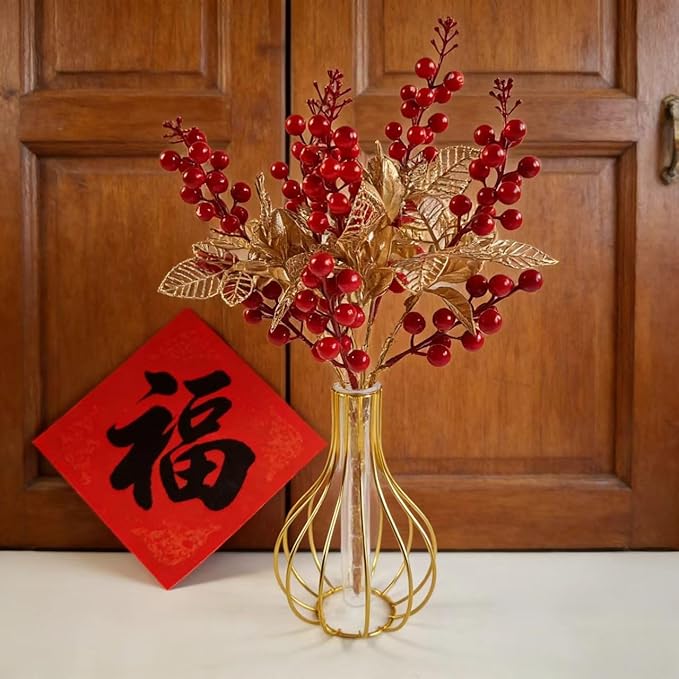 KYMY Chinese & Vietnamese Lunar New Year Artificial Berry Branch – 2026 Red Holly Berries Stems with Gold Leaves, 15.7 Inch Spring Festival Floral Picks for Vase Table Home Decor