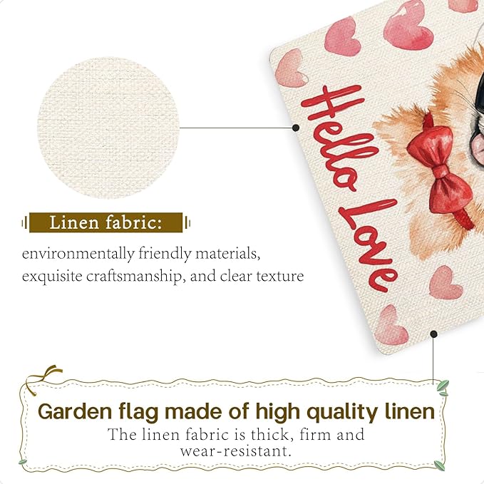Valentine's Day Pomeranian Hello Love Garden Flag, House Yard Plaid Love Heart Outside Decoration, Spring Holiday Wedding Anniversary Outdoor Small Decor 12x18(12633)