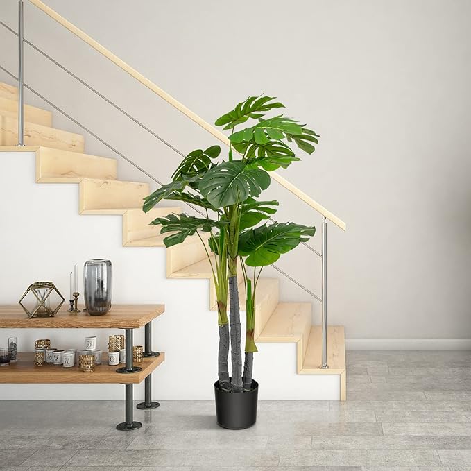 GOFLAME 4ft Artificial Monstera Deliciosa Plant, Faux Tree in Pot with 20 Large Leaves, 3 Trunks & Realistic Moss, Swiss Cheese Plant, Tropical Monstera Palm Tree for Home Office Garden Decor