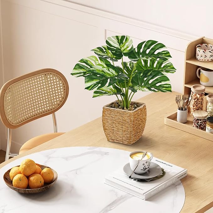 Briful Fake Plants Potted Variegated Monstera Artificial Plants Indoor Realistic Greenery Faux Plants in Square Plastic Rattan Baskets for Home Decor Farmhouse Office Weddings