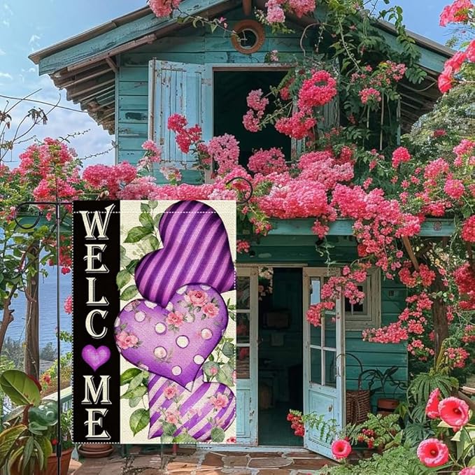 Welcome Valentines Day Garden Flag 12x18 Inch Double Sided Small Burlap Purple Hearts and Floral Seasonal Decor for Outdoor Yard Patio Porch