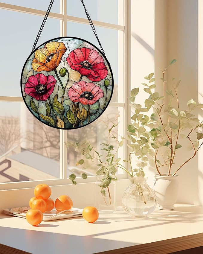 AMDERVEN Stained Glass Suncatcher, Red Orange Poppy Flowers Sun Catcher Silver Background Wildflowers Window Hanging Decor Christmas Mother Birthday Gifts for Women Men Mom Nana 6.3 in
