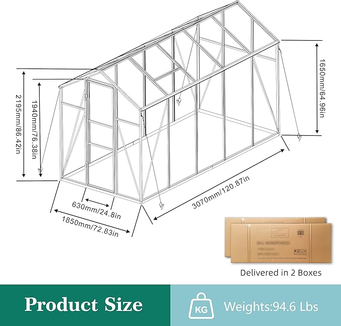 6x10 FT Greenhouse,Outdoor Greenhouse W/ Roof Vent,Walk-in Aluminum Polycarbonate Green House W/ Drainage System & Ground Nails,Green Houses for Outside Garden,Backyard,Patio,Lawn,Black
