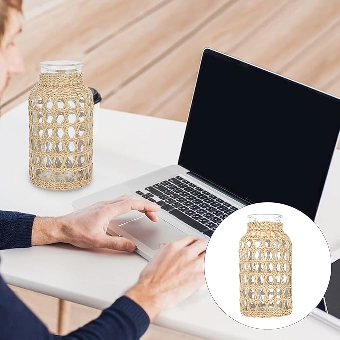 Cabilock Small Clear Flower Vase with Rattan Woven Cover Flower Bud Container for Farmhouse Floral Arrangements Housewarming Party Decorations (3.2x3.2x6.2 inch)