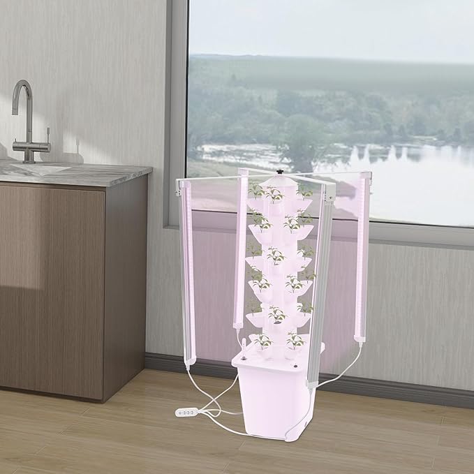 Garden Hydroponic Growing System Vertical Tower 30 Pods, 6 Tier Gardening System with 4 LED Grow Lights, Self-Watering, 2.64Gal Indoor Vertical Garden Planter for Herbs Vegetables (White)