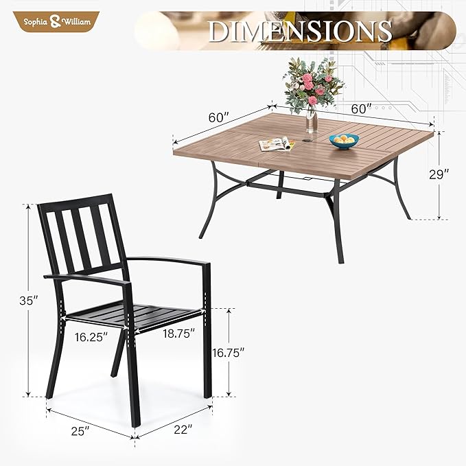 Sophia & William Patio Table and Chairs Set, Outdoor Dining Set for 8, 9 Piece Metal Patio Furniture, 60" Square Table with Wood-Like Tabletop(Stripe)